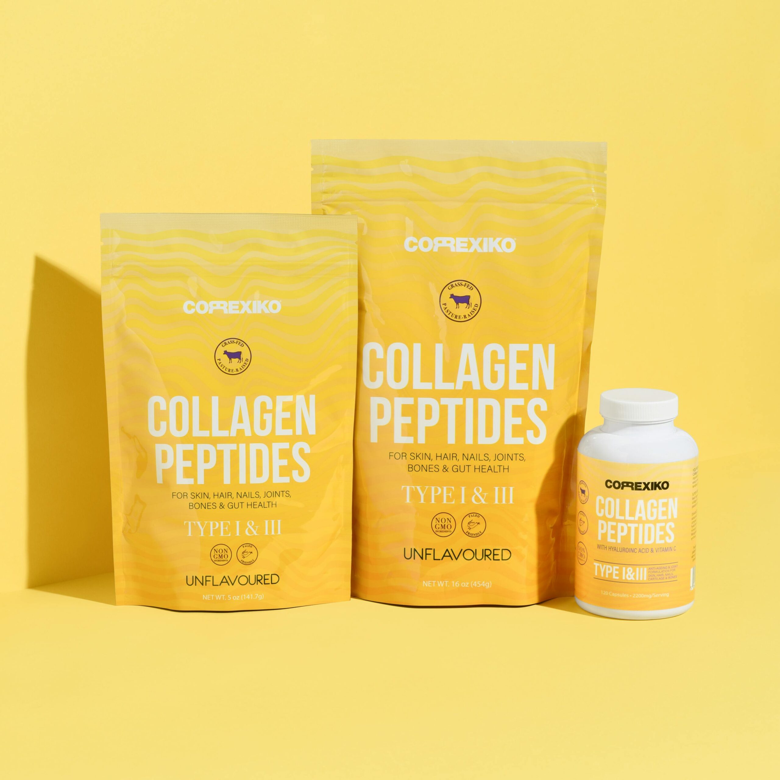 Showcase of Correxiko collagen peptides with vibrant yellow packaging.